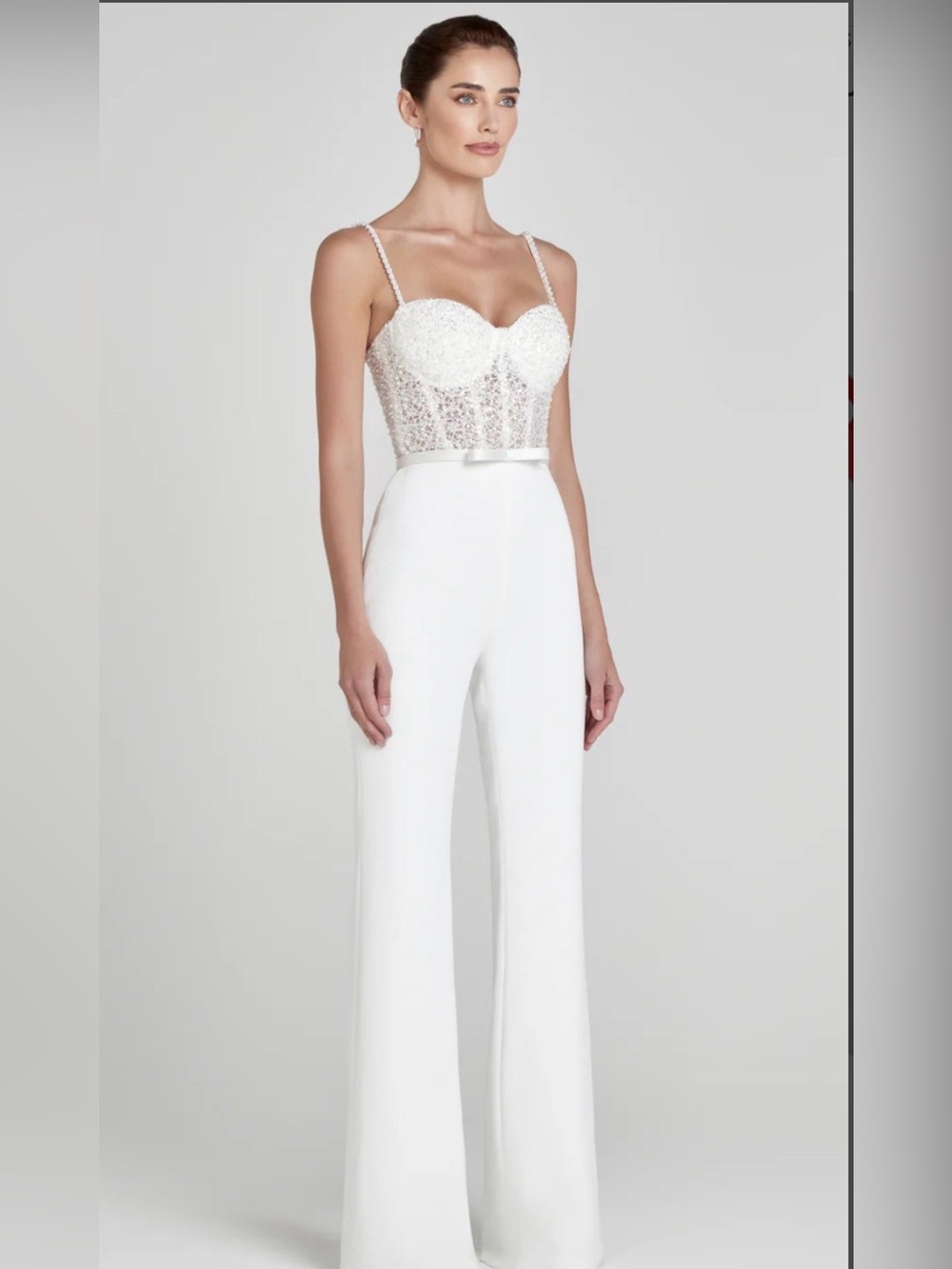 Nadine Merabi Aurora Elegant White Lace Bustier Jumpsuit